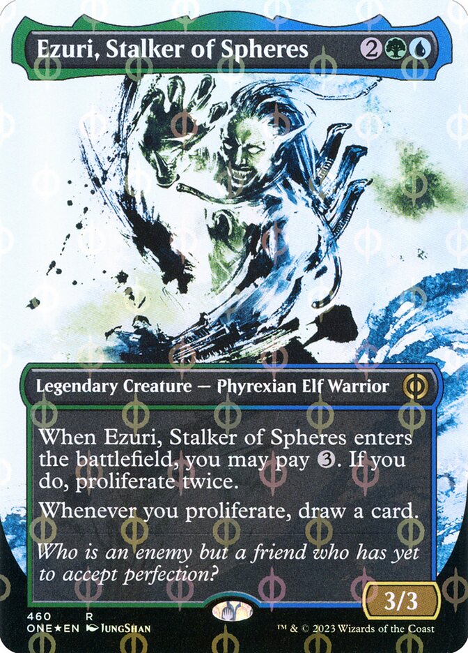 Ezuri, Stalker of Spheres (#460) (Borderless) (Showcase) (Compleat Foil) - (Foil): Phyrexia: All Will Be One