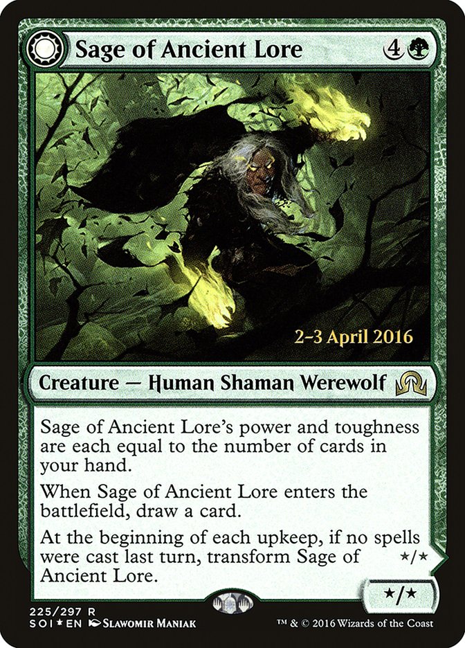 Sage of Ancient Lore // Werewolf of Ancient Hunger (Prerelease) (Shadows over Innistrad) - (Foil): Shadows over Innistrad Promos