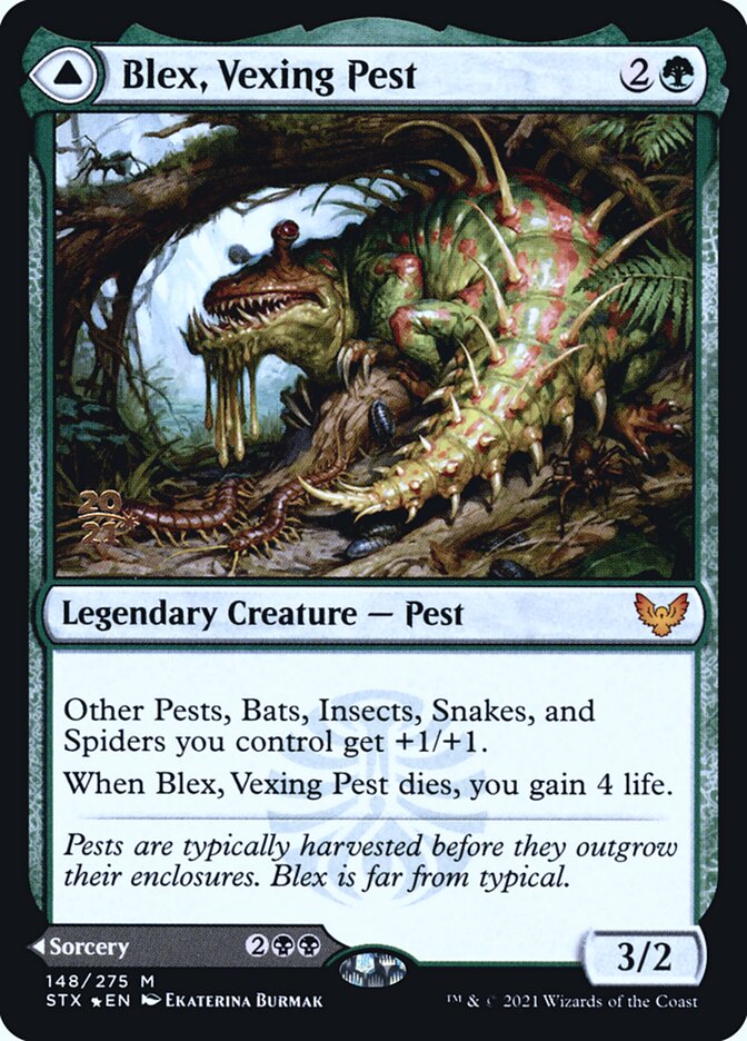 Blex, Vexing Pest // Search for Blex (Prerelease) (Strixhaven: School of Mages) - (Foil): Strixhaven: School of Mages Promos