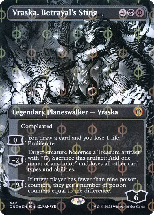 Vraska, Betrayal's Sting (#442) (Borderless) (Compleat Foil) - (Foil): Phyrexia: All Will Be One