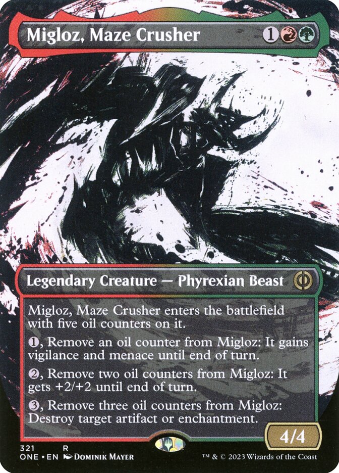 Migloz, Maze Crusher (#321) (Borderless) (Showcase): Phyrexia: All Will Be One
