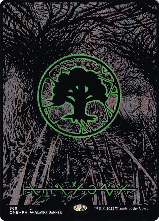 Forest (#369) (Full Art) (Phyrexian) (Oil Slick Foil) - (Foil): Phyrexia: All Will Be One