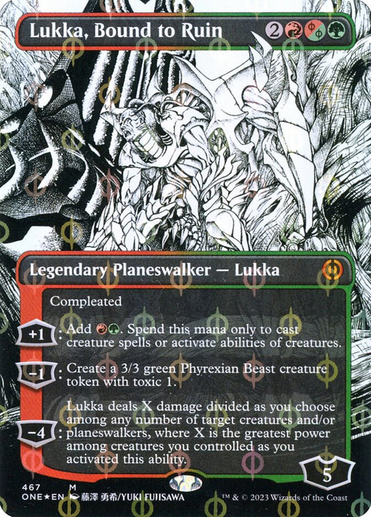 Lukka, Bound to Ruin (#467) (Borderless) (Compleat Foil) - (Foil): Phyrexia: All Will Be One