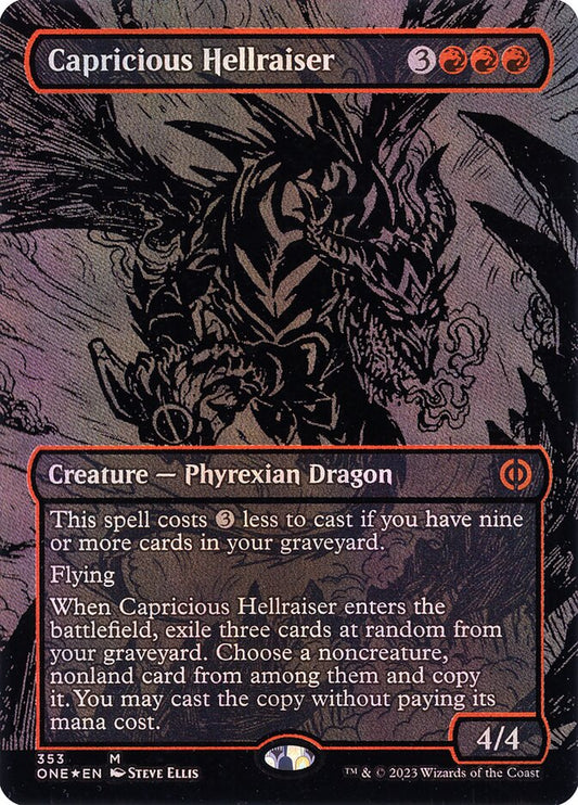 Capricious Hellraiser (#353) (Borderless) (Oil Slick Foil) - (Foil): Phyrexia: All Will Be One