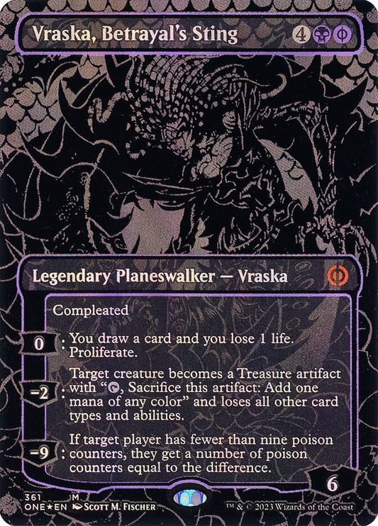 Vraska, Betrayal's Sting (#361) (Borderless) (Oil Slick Foil) - (Foil): Phyrexia: All Will Be One