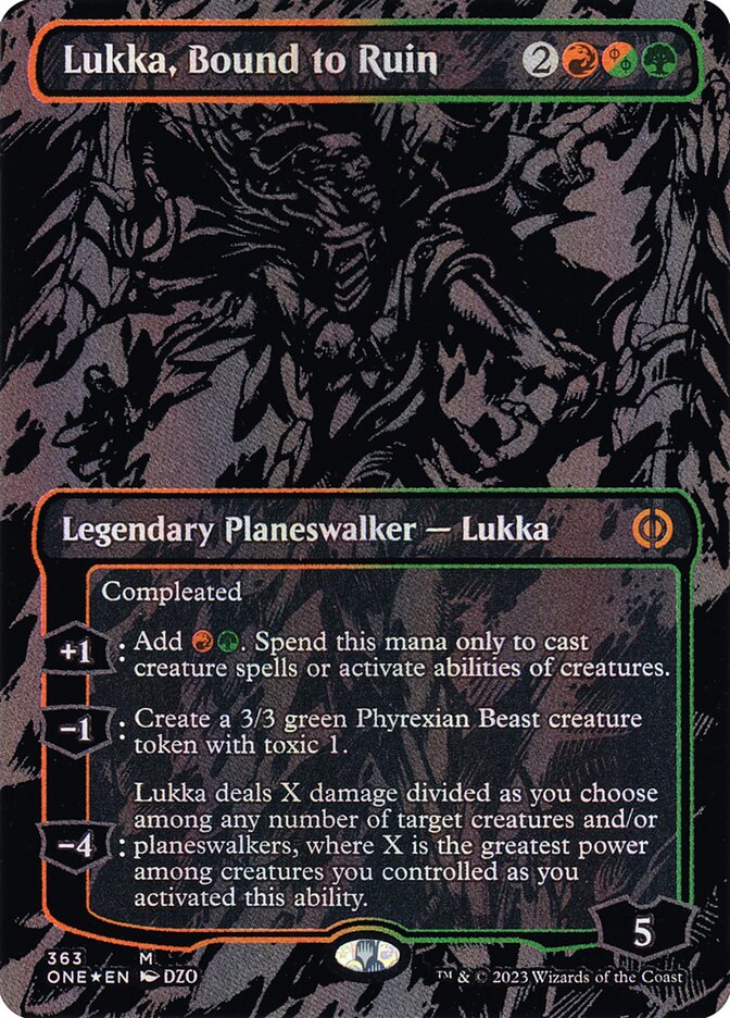Lukka, Bound to Ruin (#363) (Borderless) (Oil Slick Foil) - (Foil): Phyrexia: All Will Be One