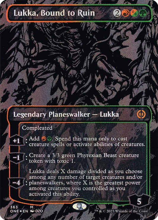 Lukka, Bound to Ruin (#363) (Borderless) (Oil Slick Foil) - (Foil): Phyrexia: All Will Be One