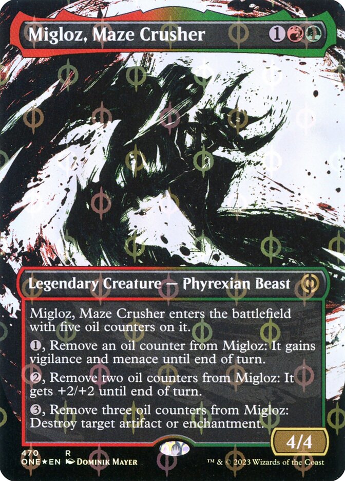 Migloz, Maze Crusher (#470) (Borderless) (Showcase) (Compleat Foil) - (Foil): Phyrexia: All Will Be One