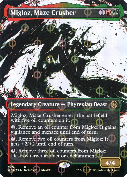 Migloz, Maze Crusher (#470) (Borderless) (Showcase) (Compleat Foil) - (Foil): Phyrexia: All Will Be One
